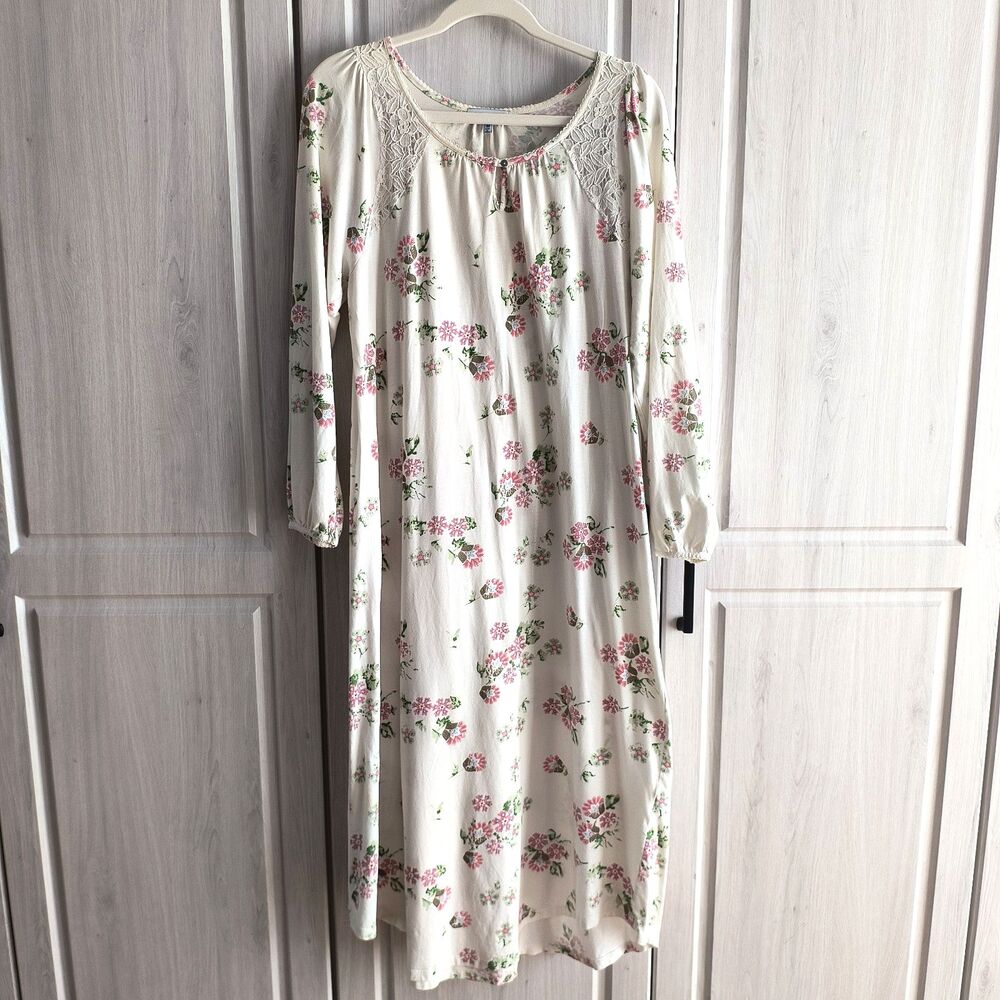 Cuddledown Nightgown M Multicolor Floral 100% Pima Cotton Lace Cottagecore Cozy